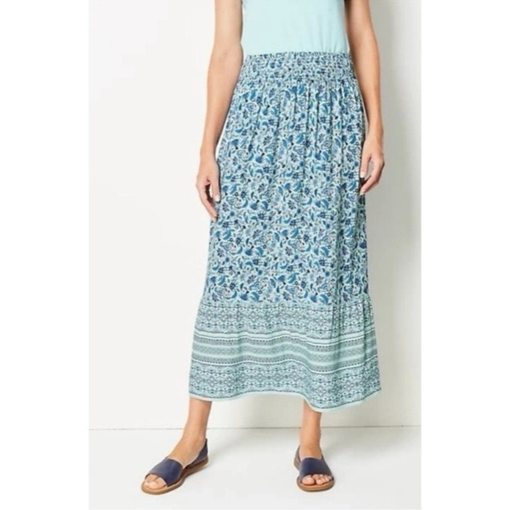 J Jill Skirt Blue Floral Boho Maxi Skirt Smocked Waist Cottagecore Coastal